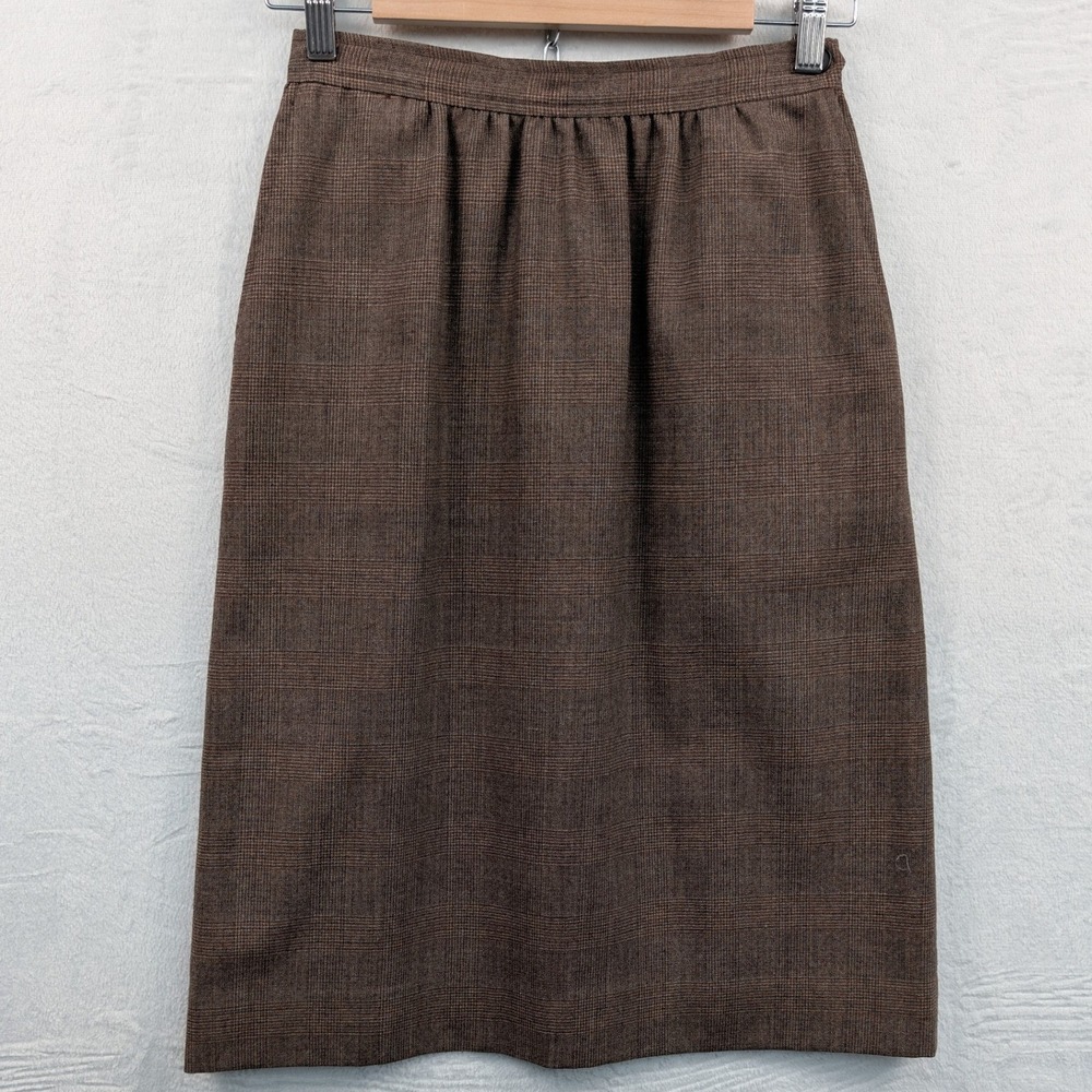 VTG Skirt Women 10 Brown Glen Plaid Wool Dark Academia Preppy Below Knee USA 70s